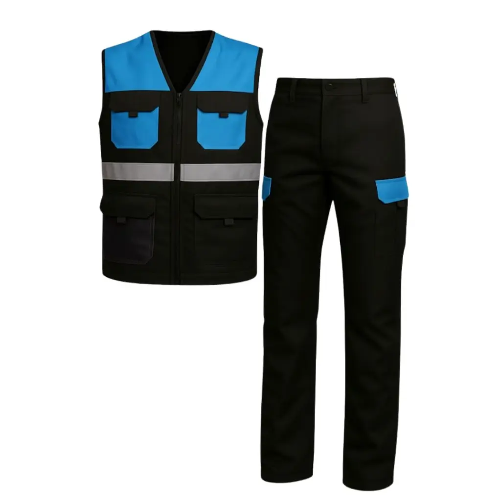Ensemble de travail gilet et pantalon bicolore haute visibilite