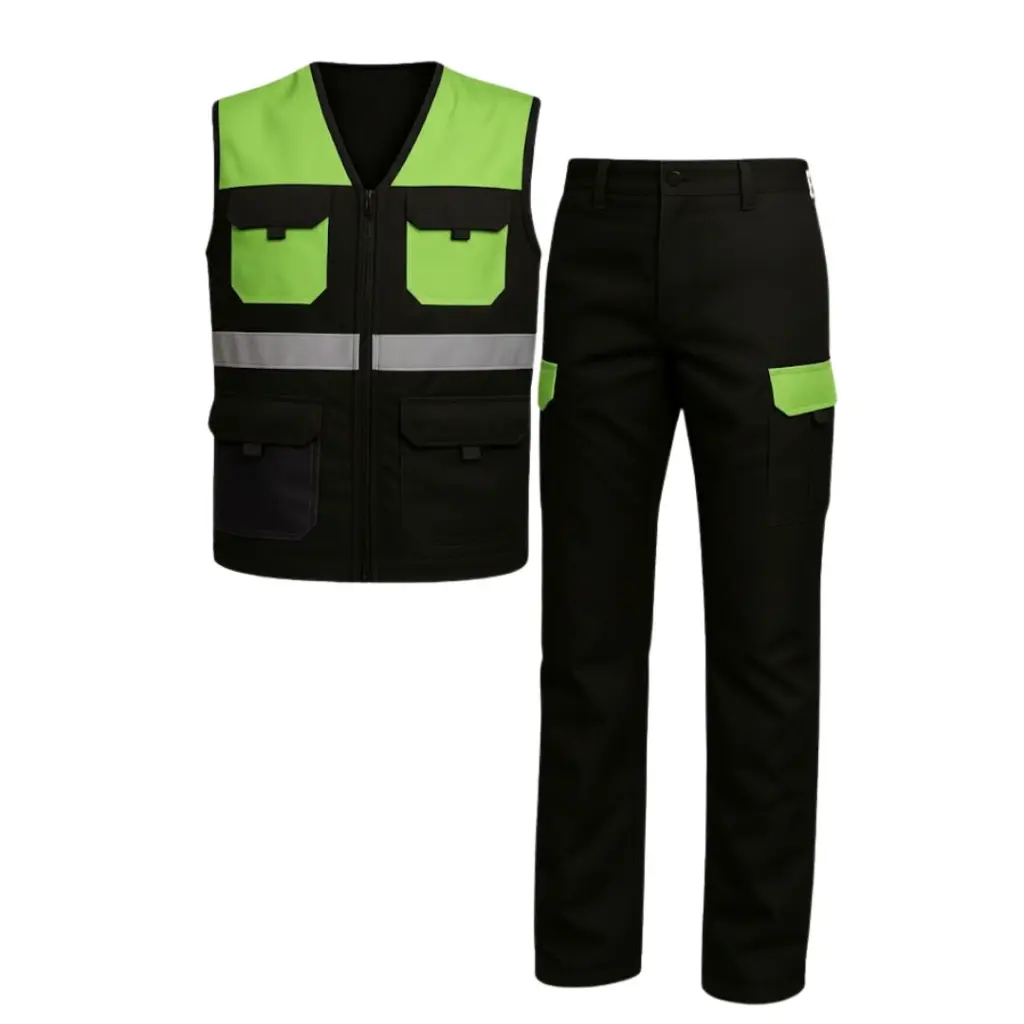 Ensemble de travail gilet et pantalon bicolore haute visibilite