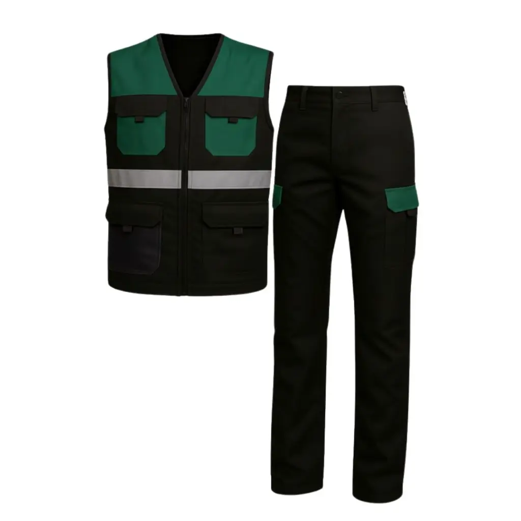 Ensemble de travail gilet et pantalon bicolore haute visibilite